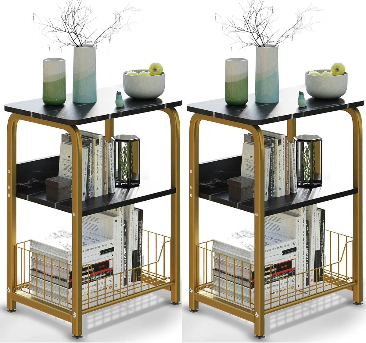 Black Marble 3 Tiers Nightstand with Wood and Metal Frame H40626