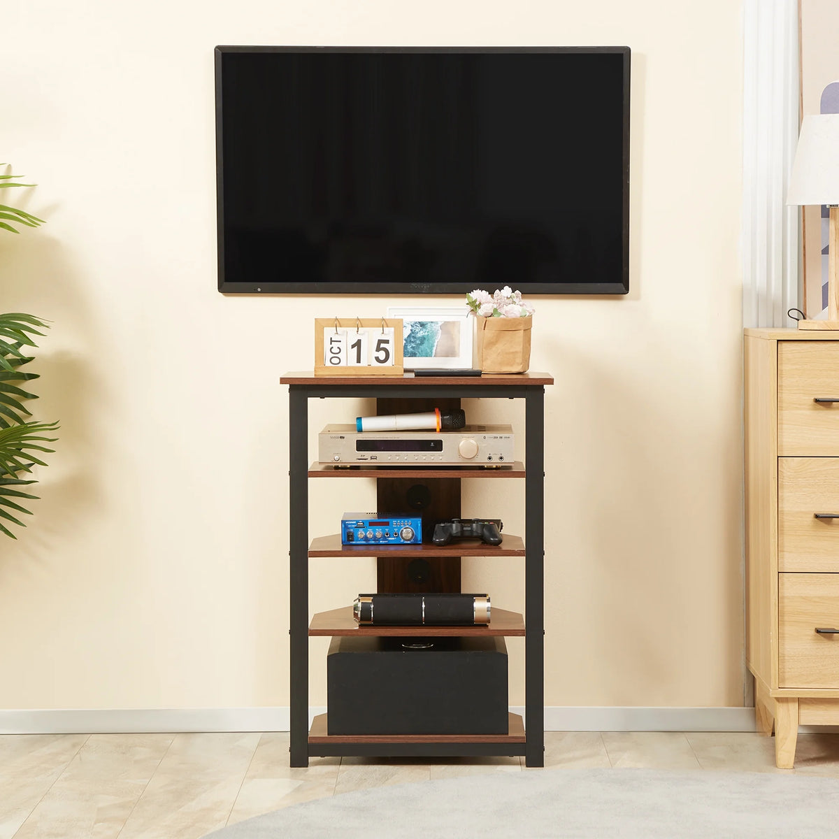 Brown TV Stand with Storage Shelves and Steel Frame U6877