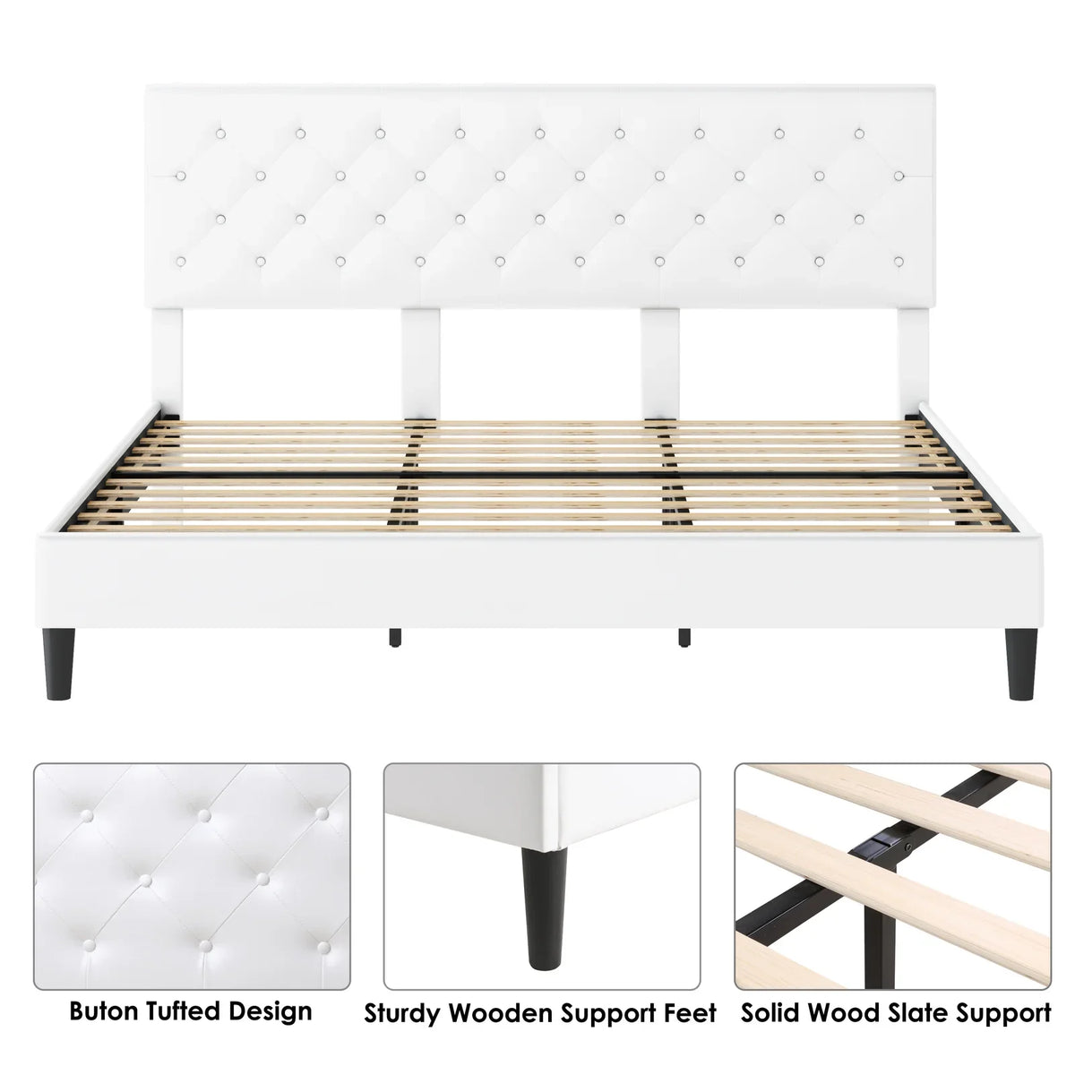 Black Faux Leather Upholstered Button Tufted Full Size Platform Bed Frame with Adjustable Headboard T17948