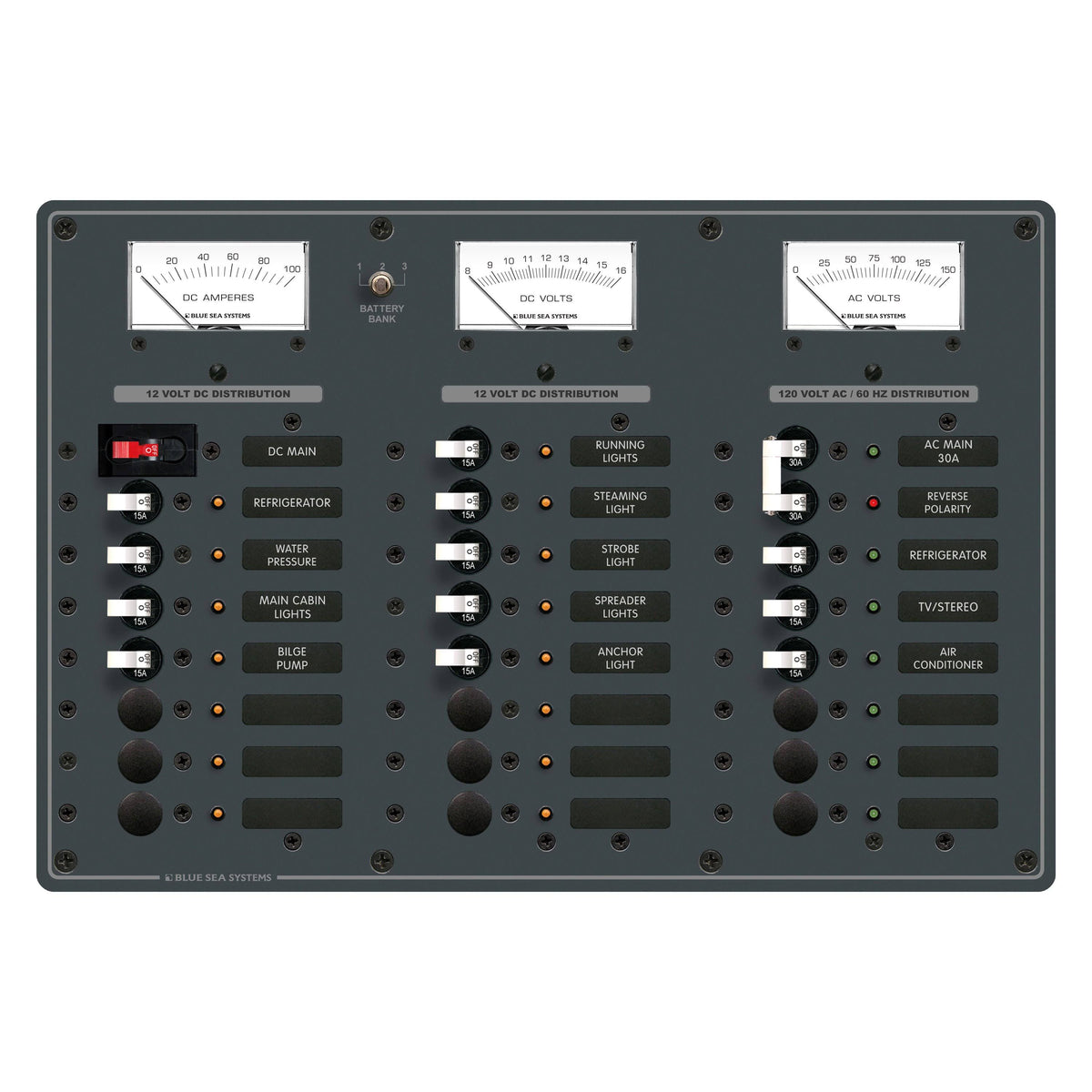 Blue Sea 8084 AC Main +6 Positions/DC Main +15 Positions Toggle Circuit Breaker Panel - Megean S13448