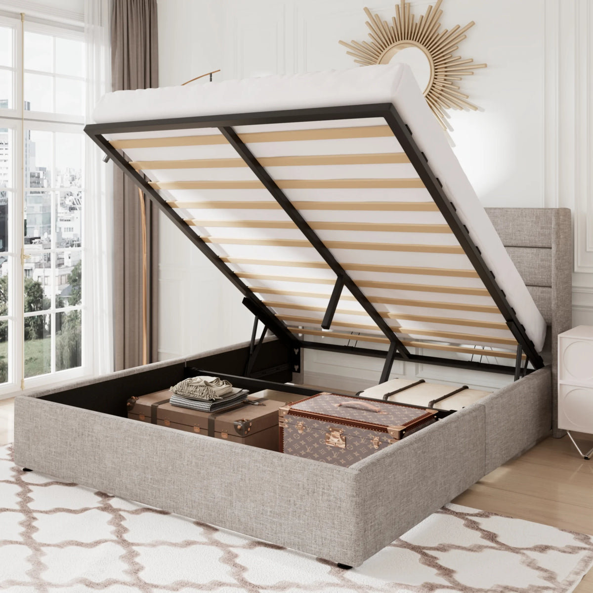 Queen Size Lift Up Platform Storage Bed Frame with Wingback Headboard X350257