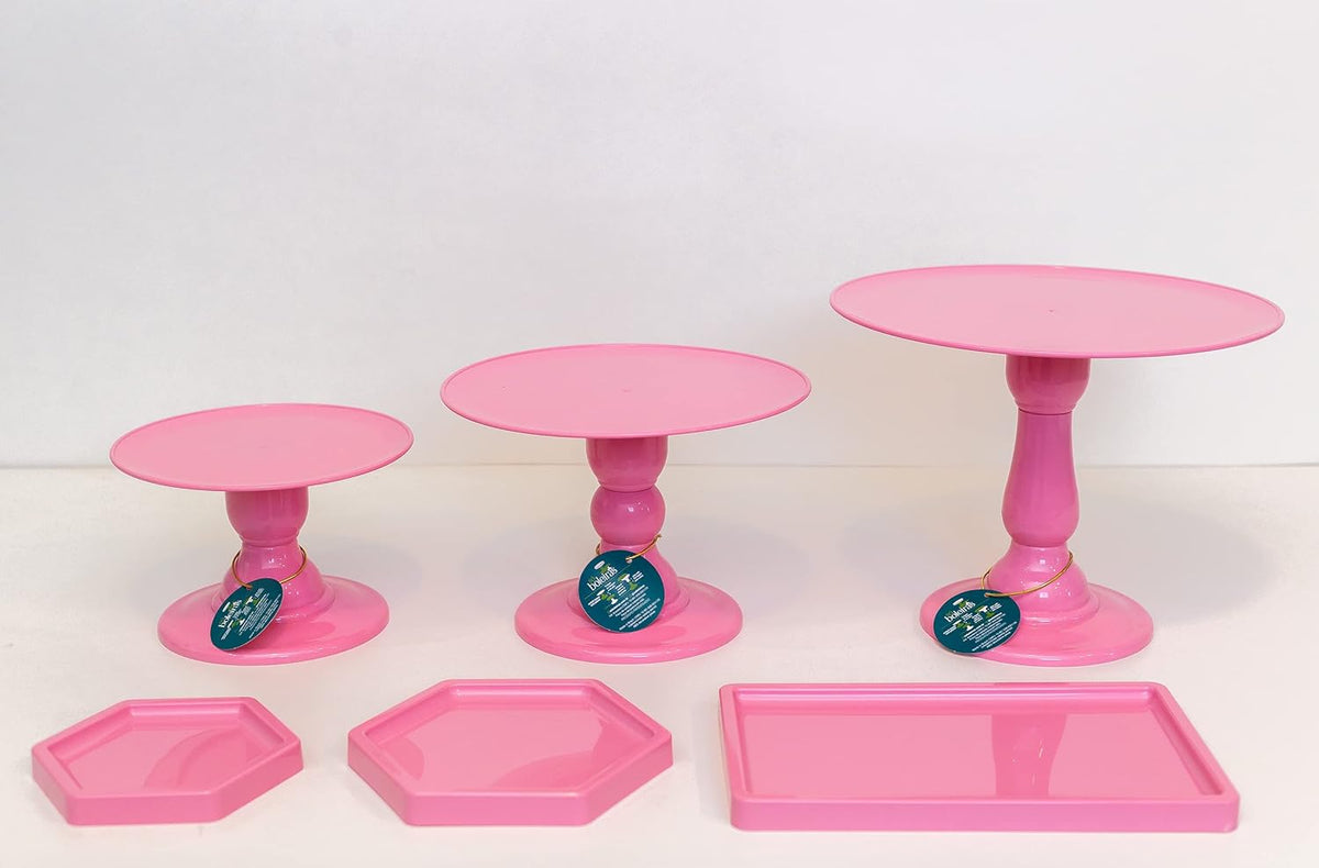 ABS Plastic Colorful Set of 3 Cake Stands 2 Hexagon Trays 1 Rectangular Tray Pink T329893