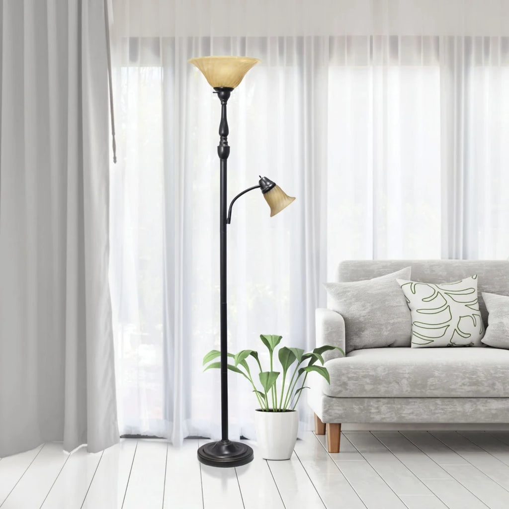 3 Light Floor Lamp with White Scalloped Glass Shades, Restoration Bronze W313