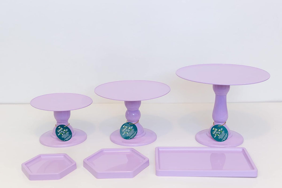 ABS Plastic Colorful Set of 3 Cake Stands 2 Hexagon Trays 1 Rectangular Tray Pink T329893
