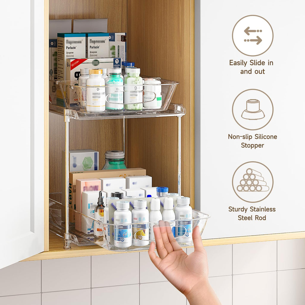 2 Pack Clear Pull Out Drawer Under Sink Organizer with Movable Dividers D8641