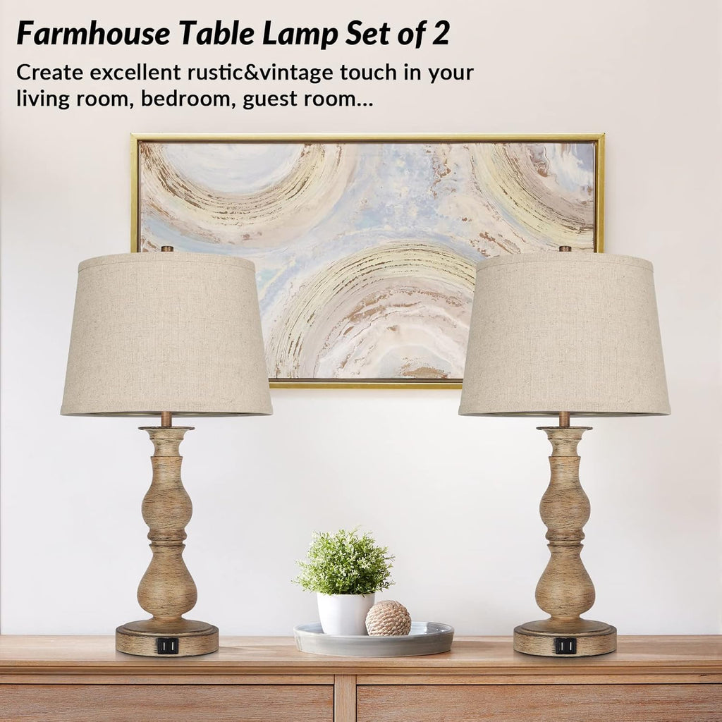 Set of 2 Touch Control Table Lamps with USB Ports, Cream Shades W3269