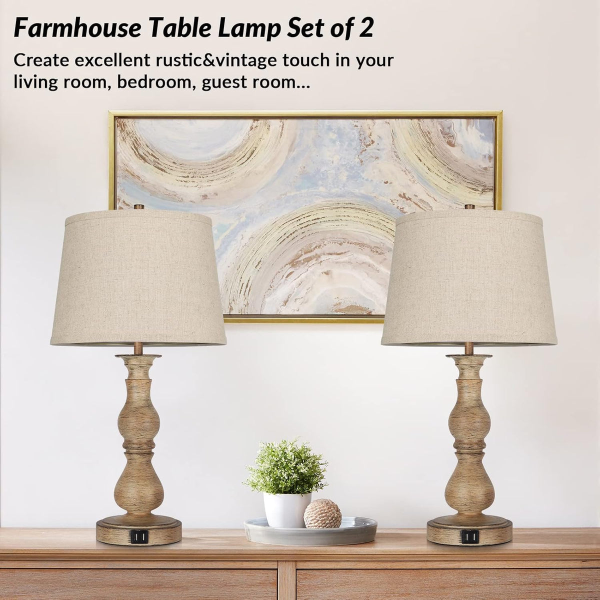 Set of 2 Touch Control Table Lamps with USB Ports, Cream Shades W3269