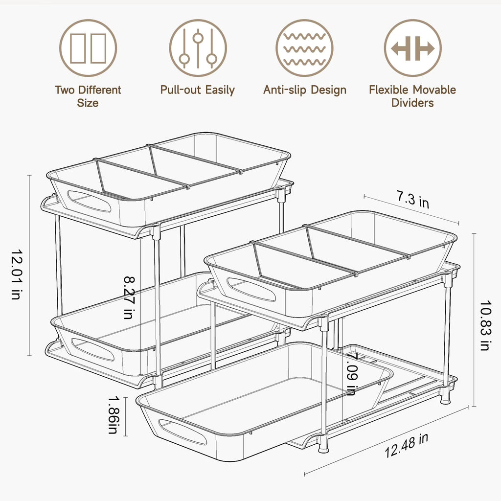 2 Pack Clear Pull Out Drawer Under Sink Organizer with Movable Dividers D8641
