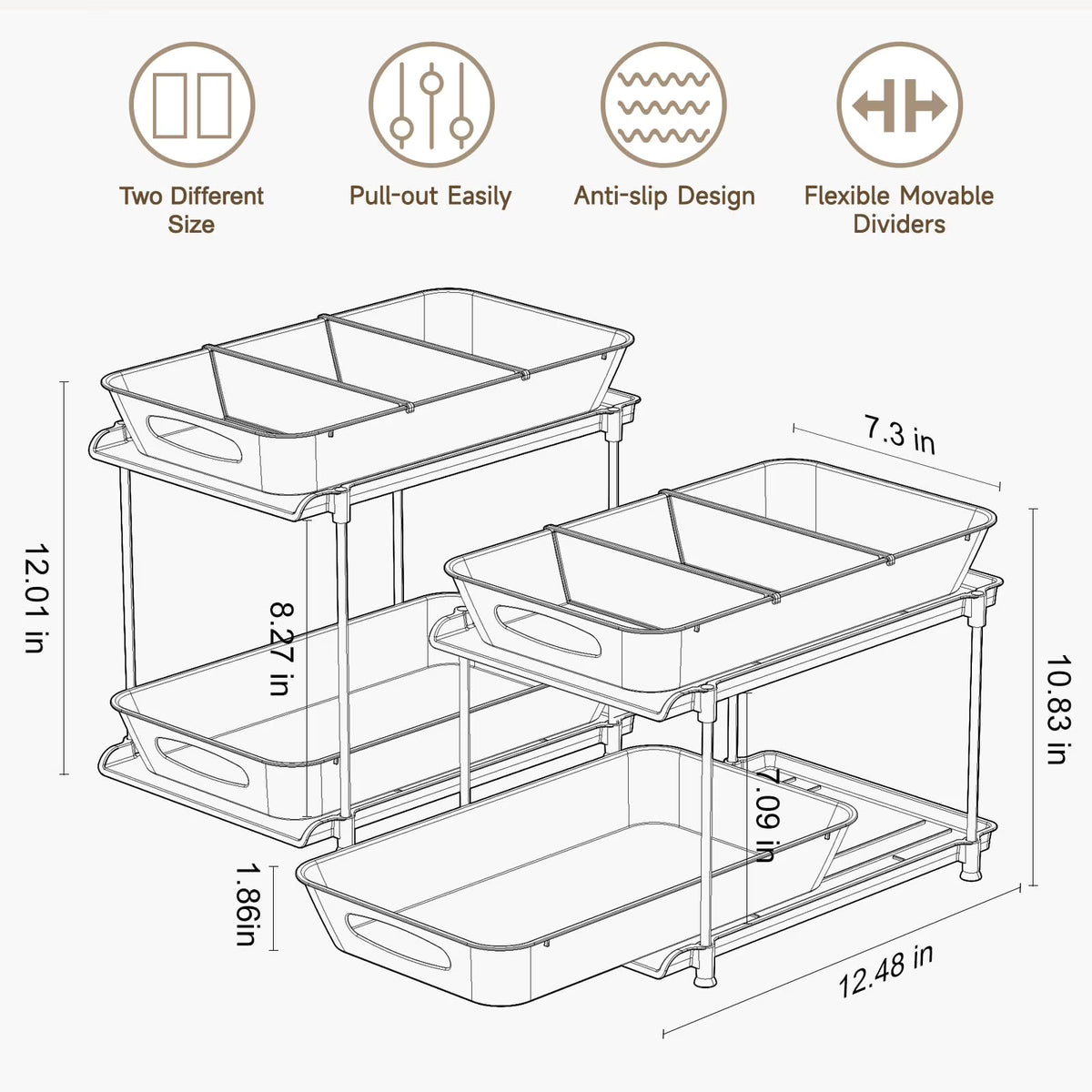 2 Pack Clear Pull Out Drawer Under Sink Organizer with Movable Dividers D8641
