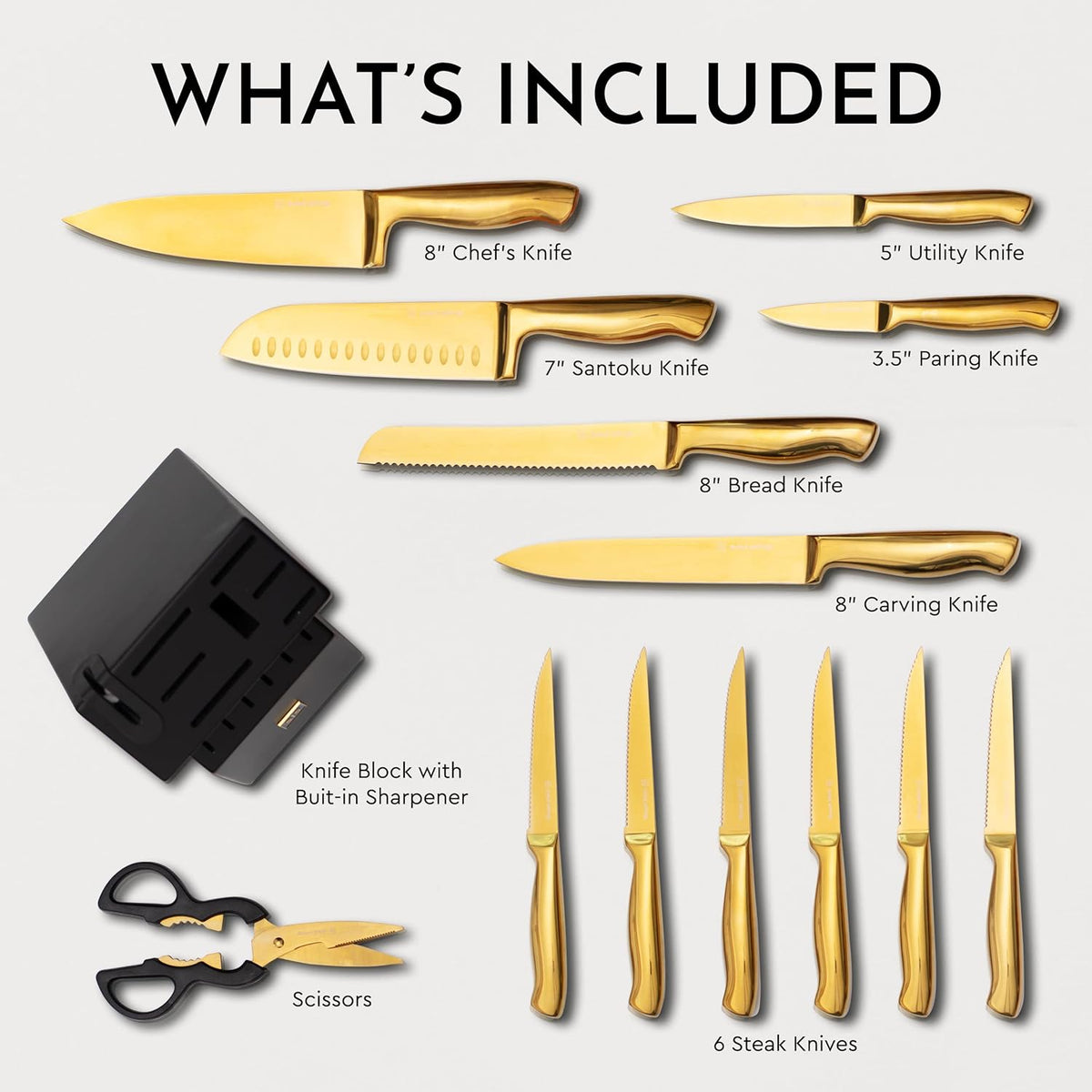 19 Piece Black and Gold Knife Set with Block Self Sharpening and Cooking Utensils Set P80541