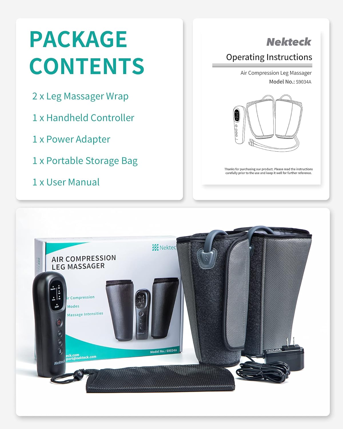 Air Compression Leg Massager with Handheld Controller, 2 Modes 3 Intensity Levels C7145