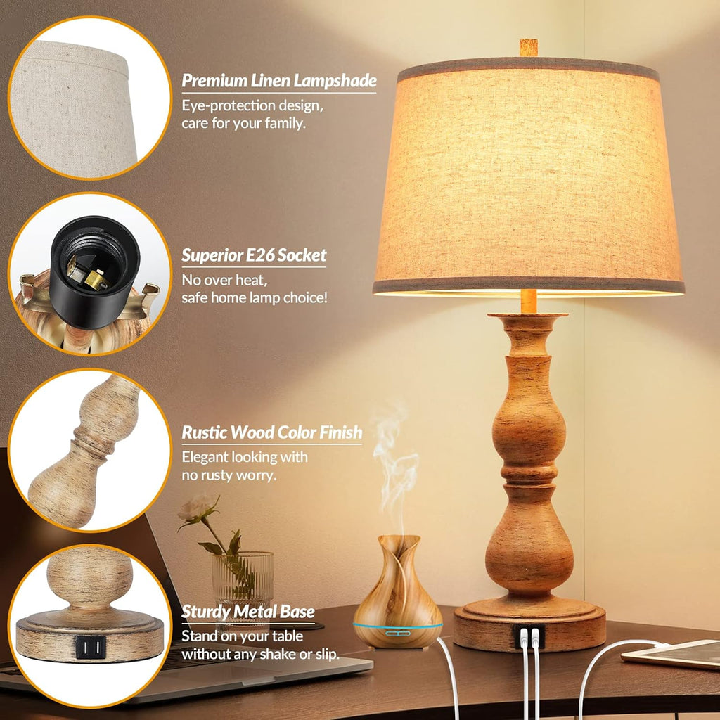 Set of 2 Touch Control Table Lamps with USB Ports, Cream Shades W3269