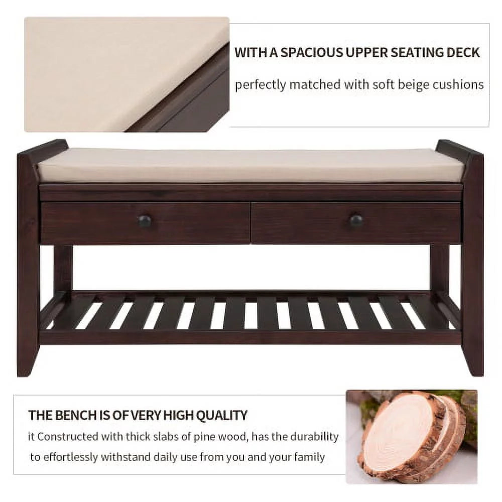 Espresso Shoe Rack with Cushioned Seat and Drawers D933