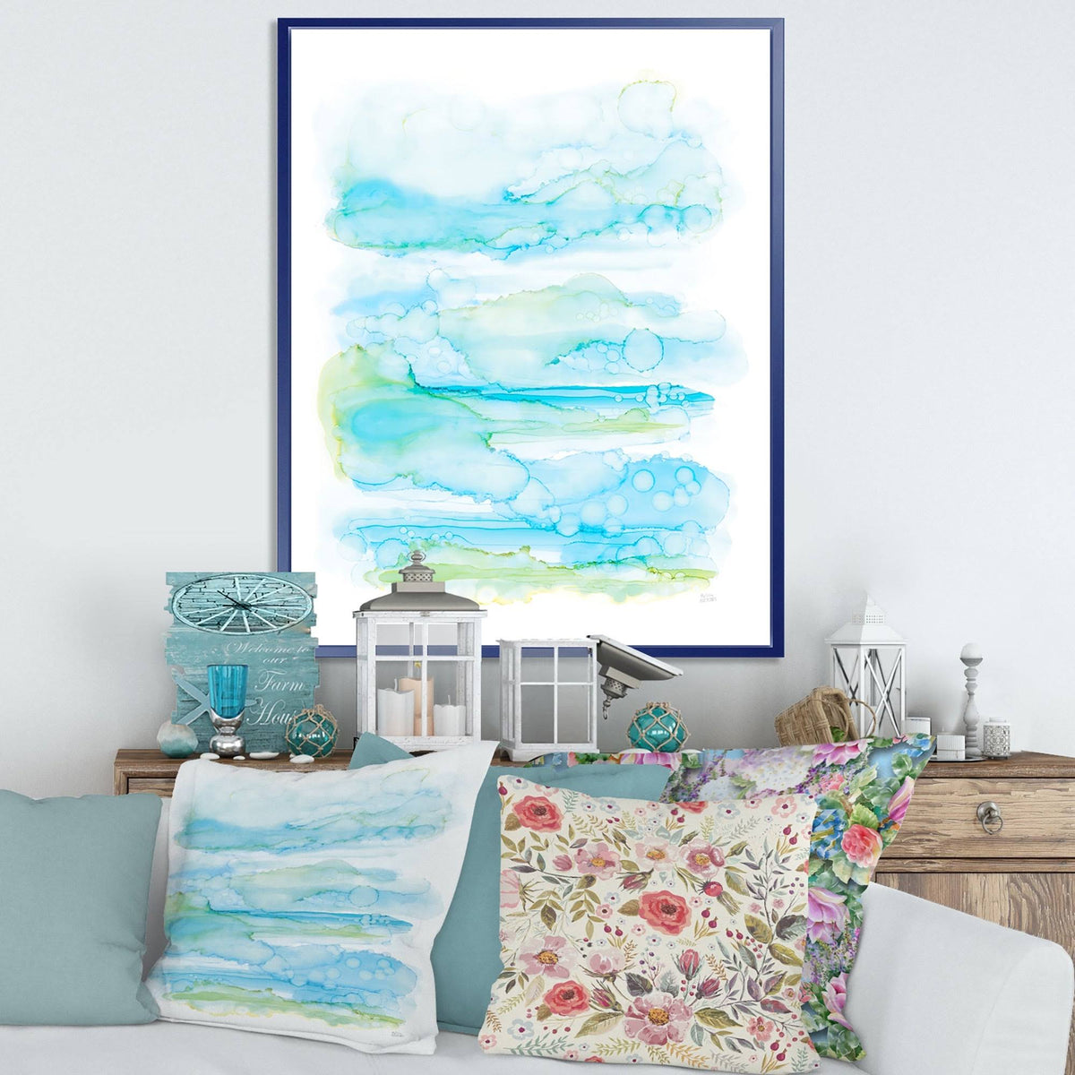 Abstract Blue and Green Framed Canvas 16 in. Wide x 32 in. High W21924