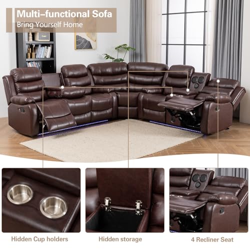 White PU Leather L-Shaped 9 Seater Reclining Sectional Sofa with LED Light T825683