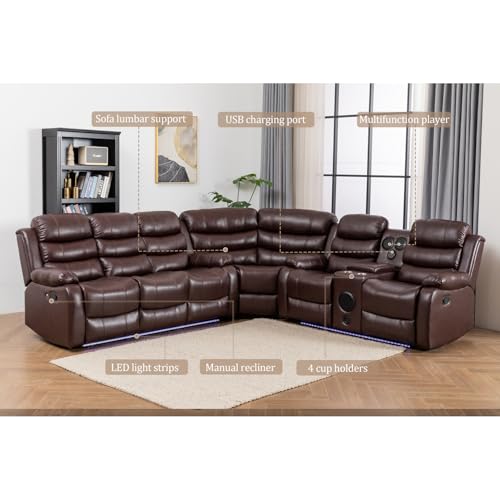 White PU Leather L-Shaped 9 Seater Reclining Sectional Sofa with LED Light T825683