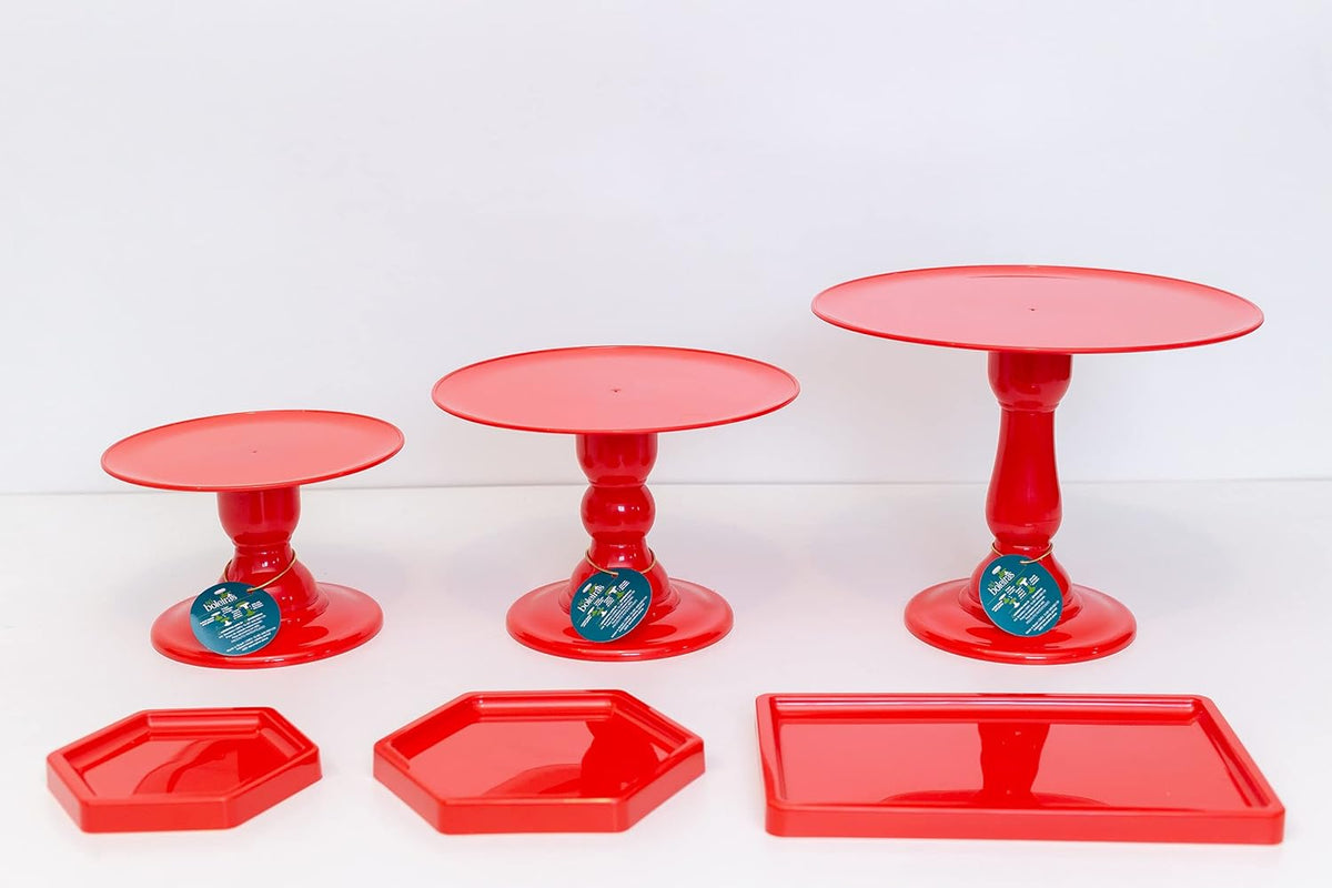 ABS Plastic Colorful Set of 3 Cake Stands 2 Hexagon Trays 1 Rectangular Tray Pink T329893