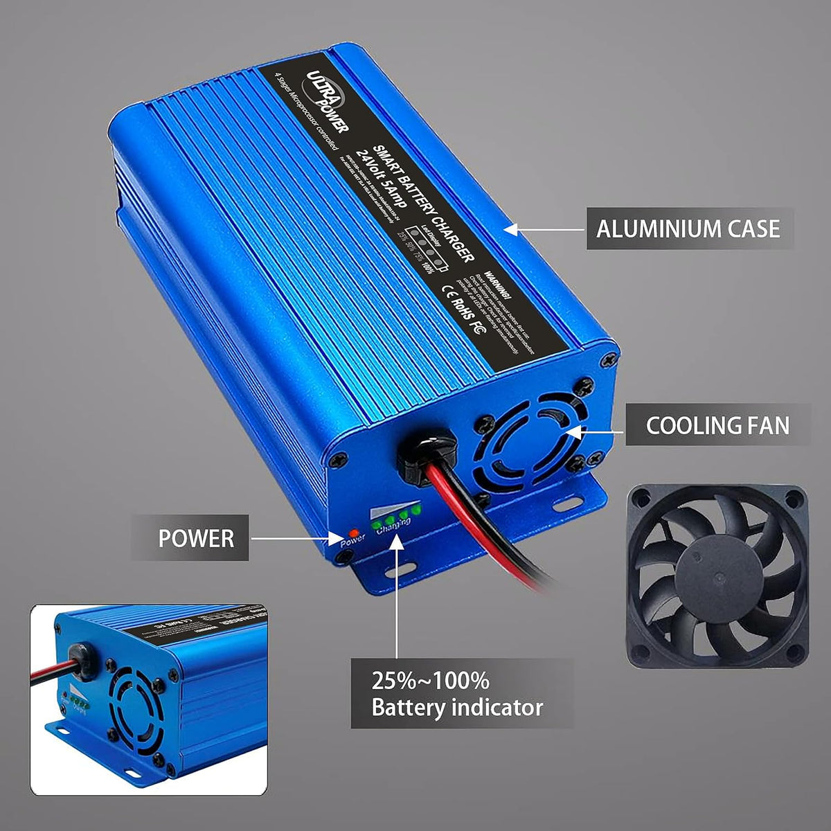 24 Volt 5-Amp Smart Battery Charger Maintainer Desulfator with I/O Switch W125