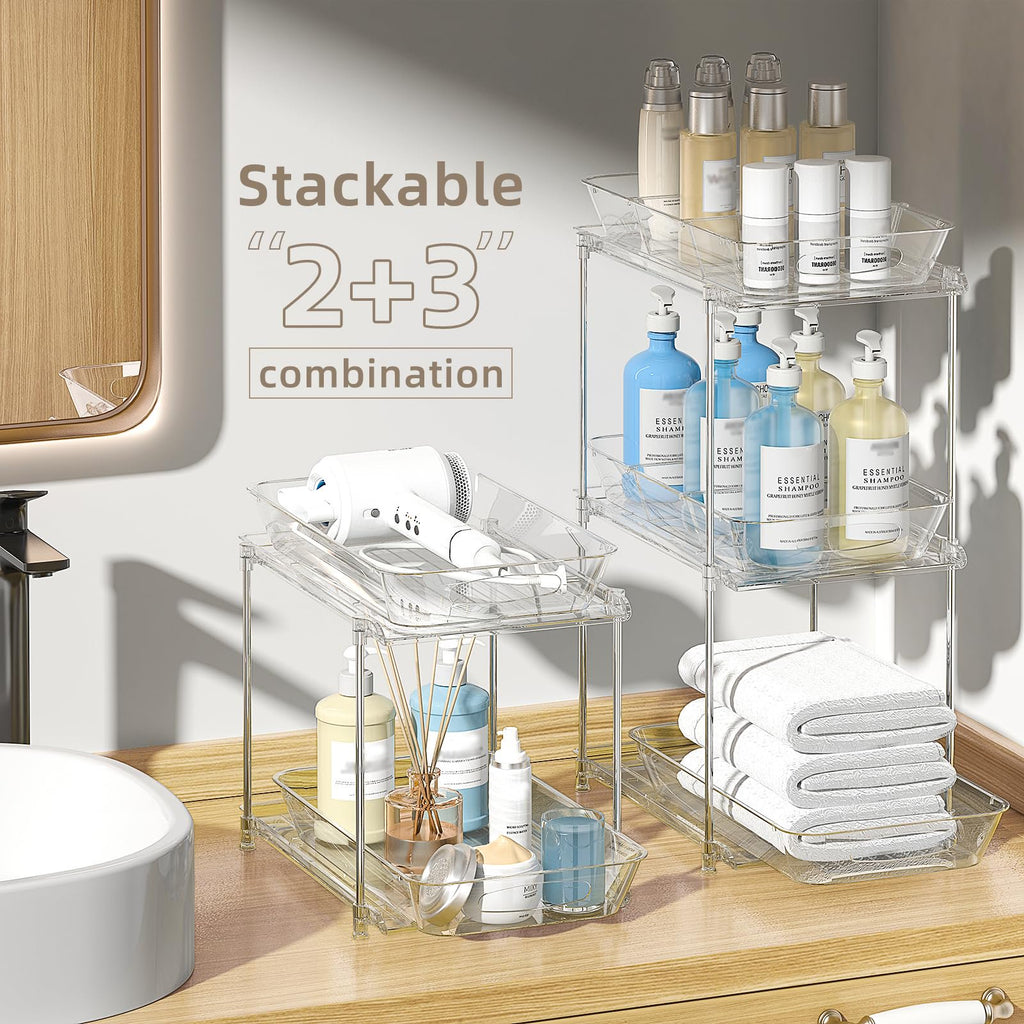 2 Pack Clear Pull Out Drawer Under Sink Organizer with Movable Dividers D8641