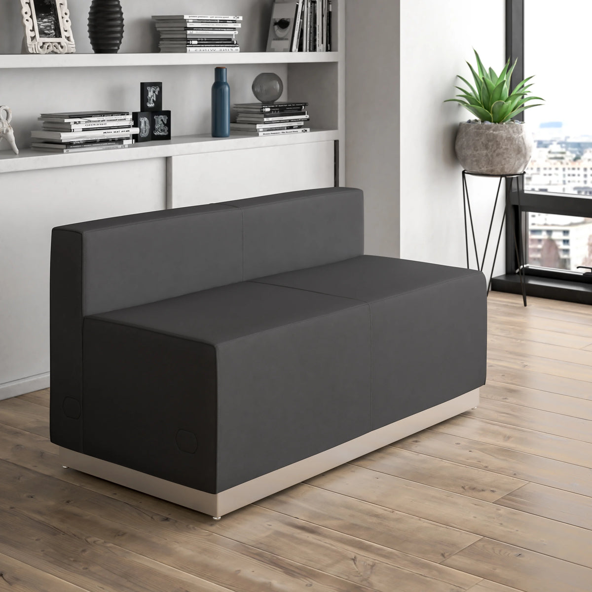 Black LeatherSoft Loveseat with Brushed Stainless Steel Base A359
