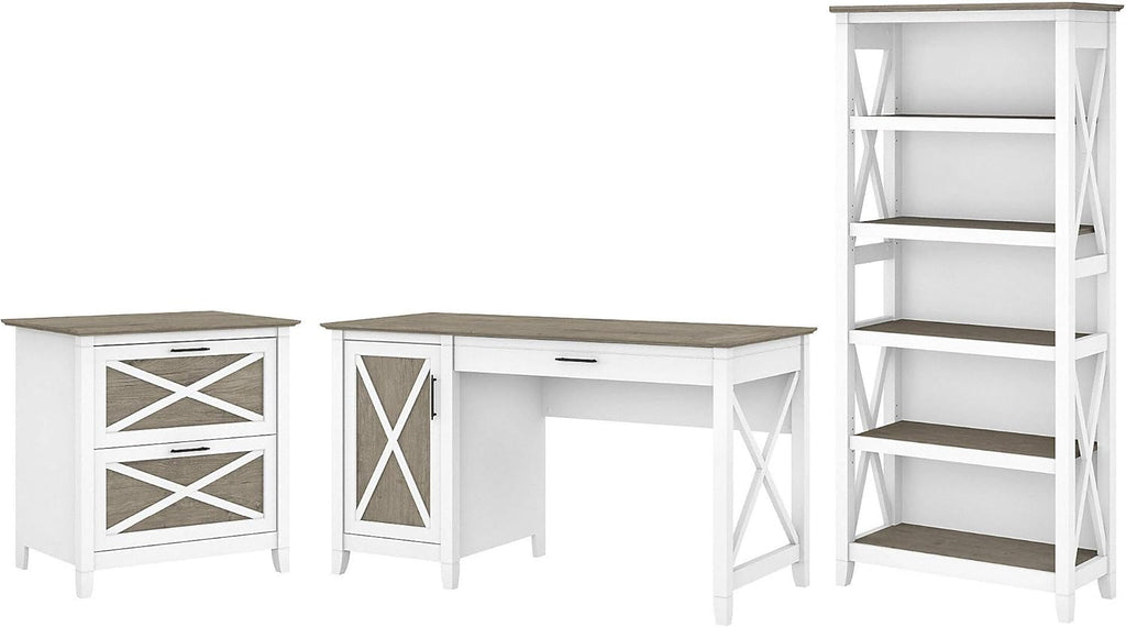 54W Dark Gray Hickory Computer Desk with 2 Drawer Lateral File Cabinet and 5 Shelf Bookcase A353465