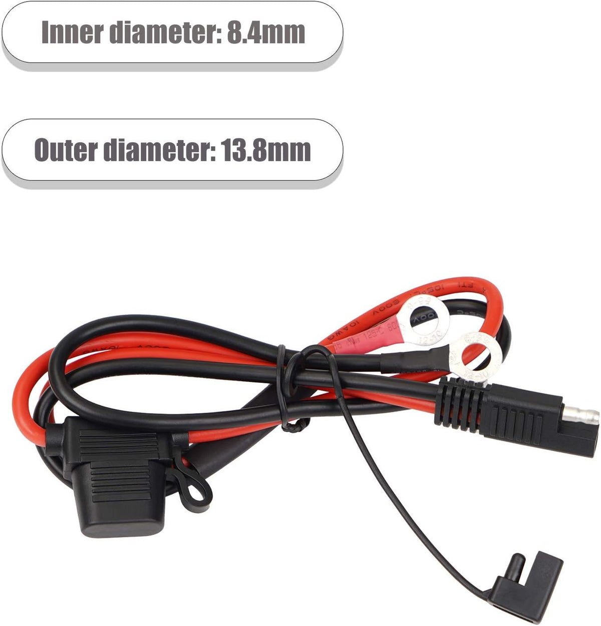 SAE Battery Connector 10AWG to Ring Terminal Harness with 15Amps Fuse 2 Pin Quick Disconnect 2FT Extension Cable Y93517