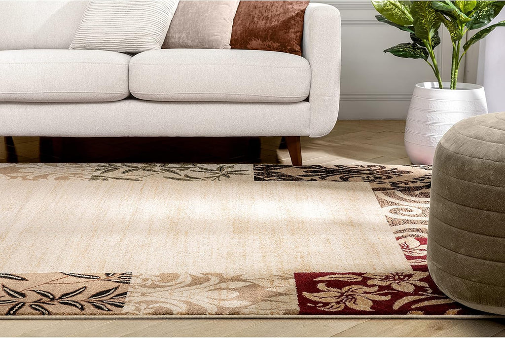 Beige Damask Border Rug 7x10 Oval T120024
