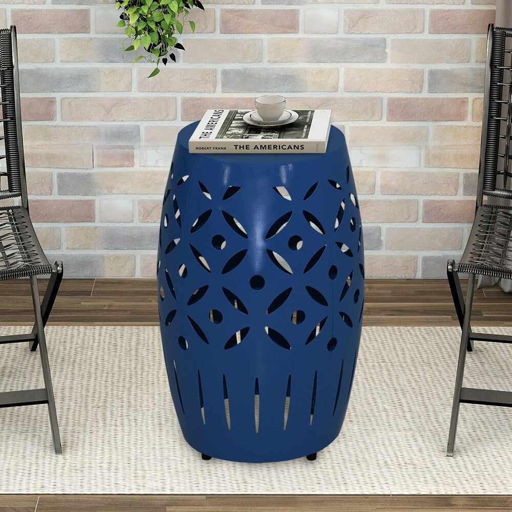 18 Inch Geometric Cut Iron Drum End Table D3358