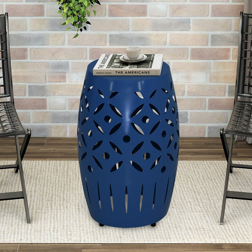 18 Inch Geometric Cut Iron Drum End Table D3358