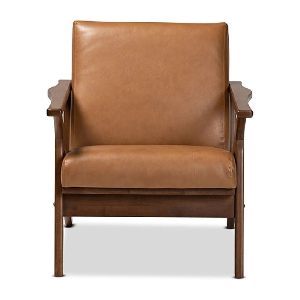 Walnut Brown Wood and Tan Faux Leather Lounge Chair S936