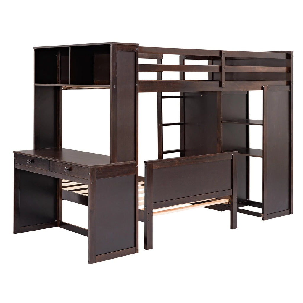 Twin Size Solid Wood Loft Bed with Desk and Wardrobe W114359