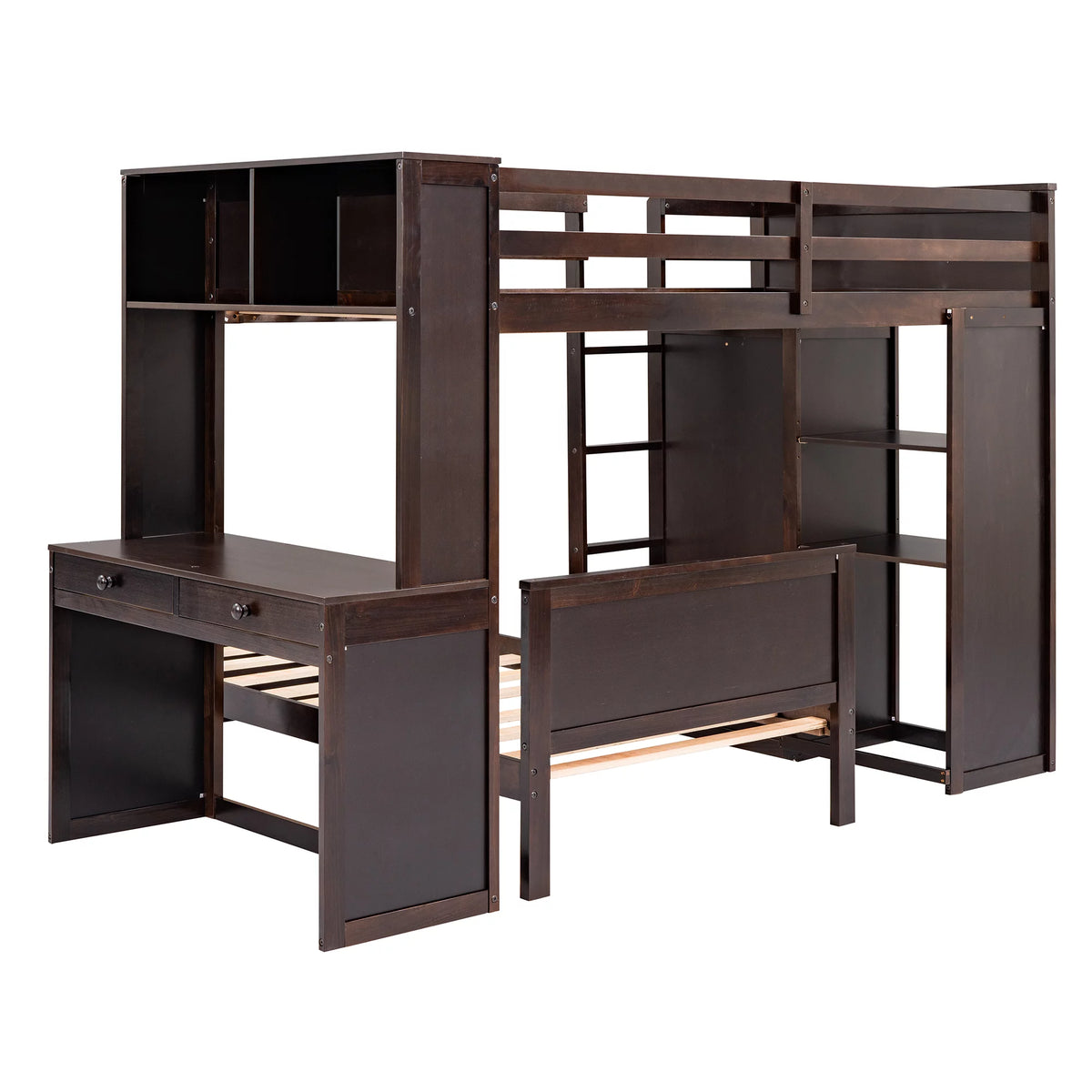 Twin Size Solid Wood Loft Bed with Desk and Wardrobe W114359