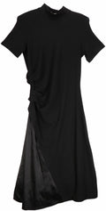 Black Midi Mock Neck Dress with Satin In-Lay and Brass C R590467