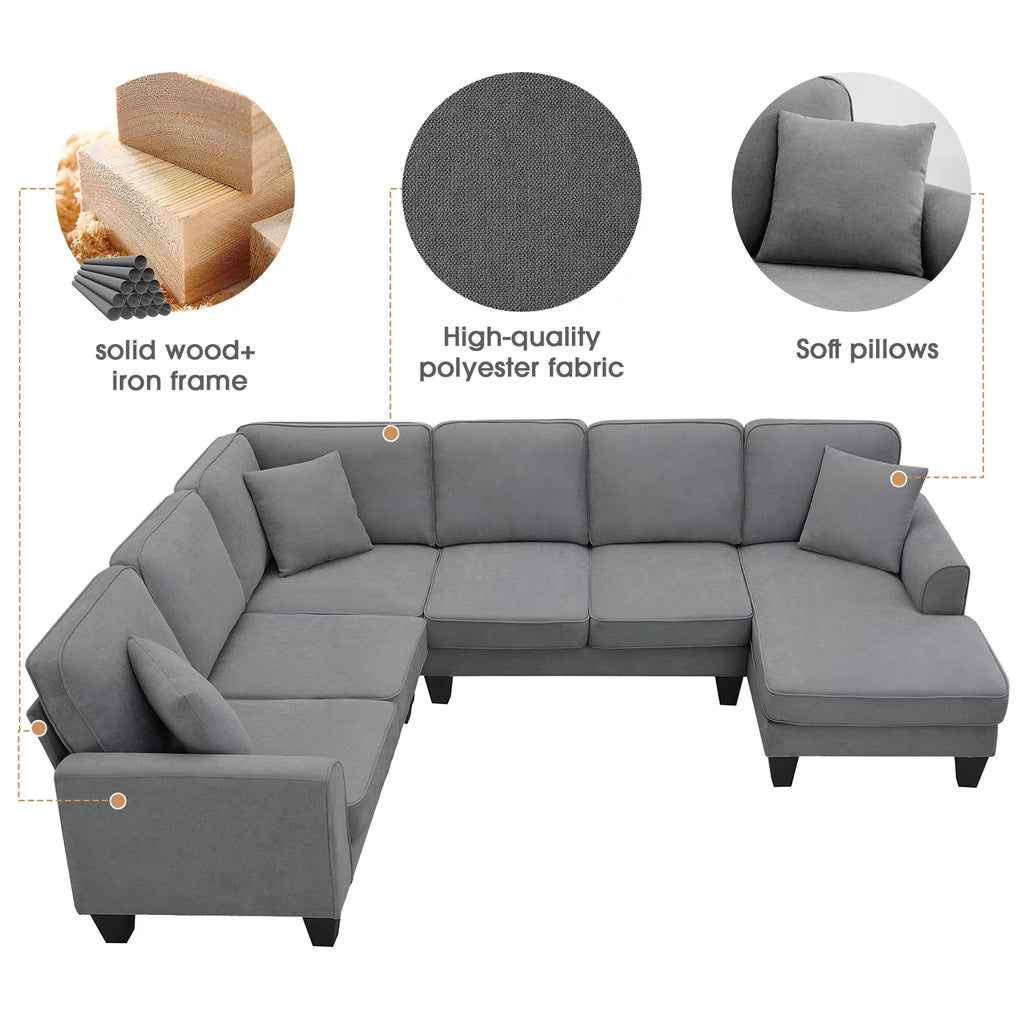 Dark Gray 7 Seat U Shape Sectional Sofa with 3 Pillows J662827