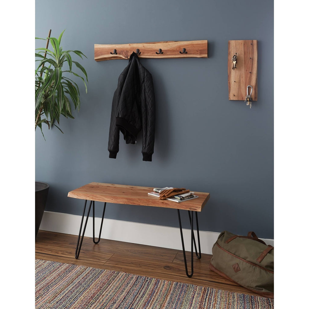Hairpin Natural Live Edge Bench with Coat Hook Set X930206