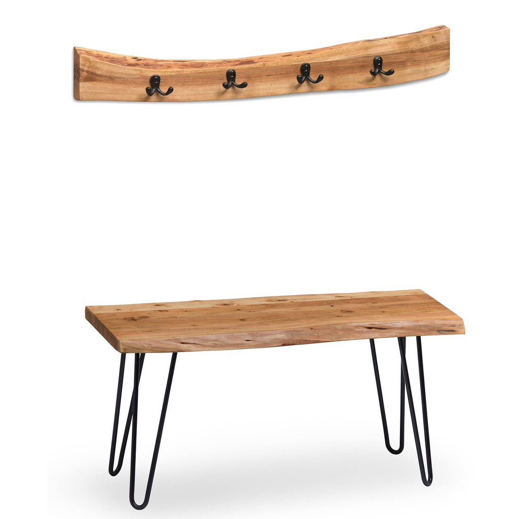 Hairpin Natural Live Edge Bench with Coat Hook Set X930206
