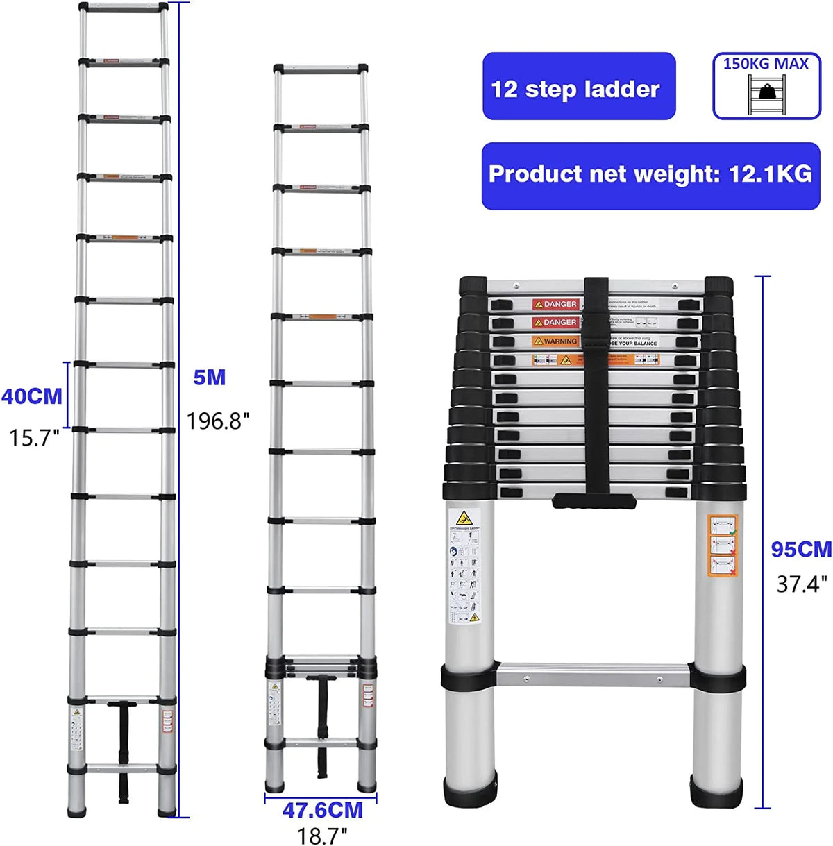 Telescoping Ladder 16FT Aluminum Folding Ladder 330lb Capacity Q49878