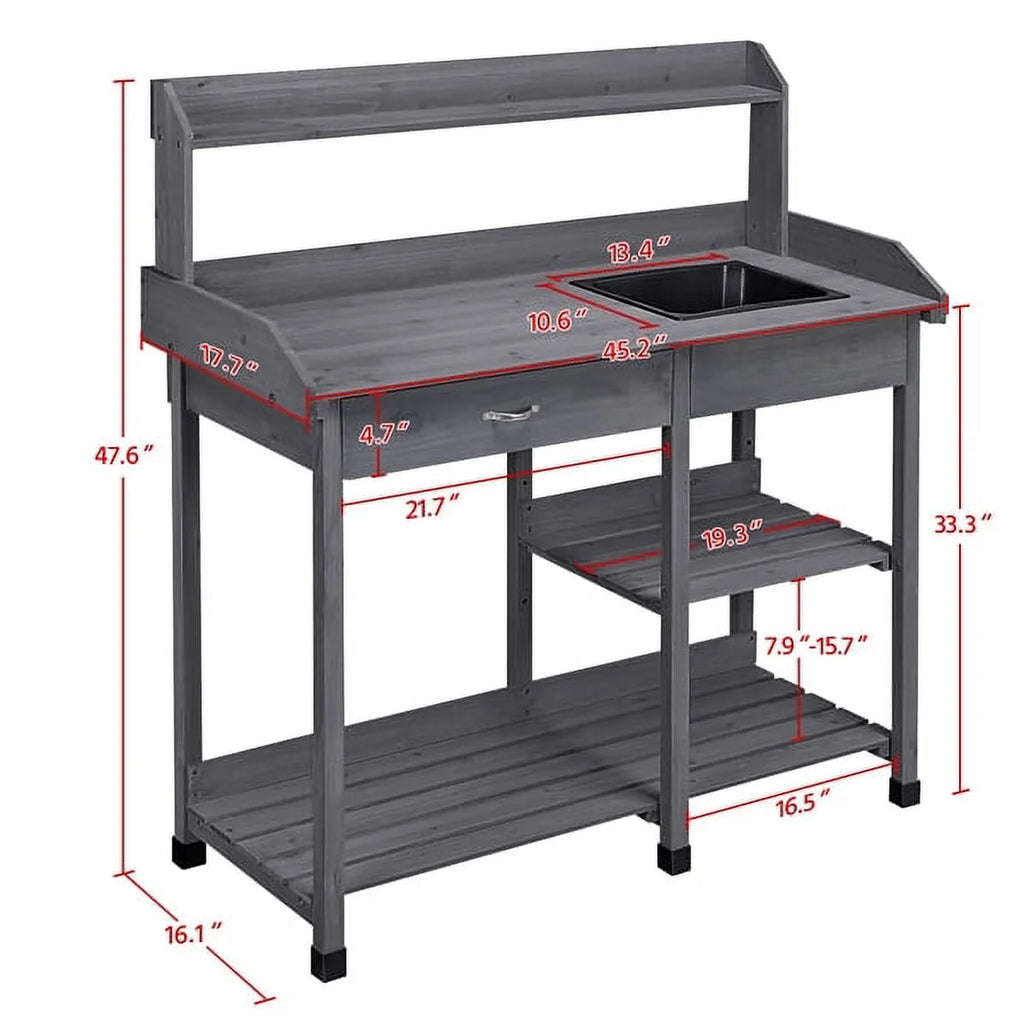 Wooden Potting Bench with Sink Drawer Rack Y748992