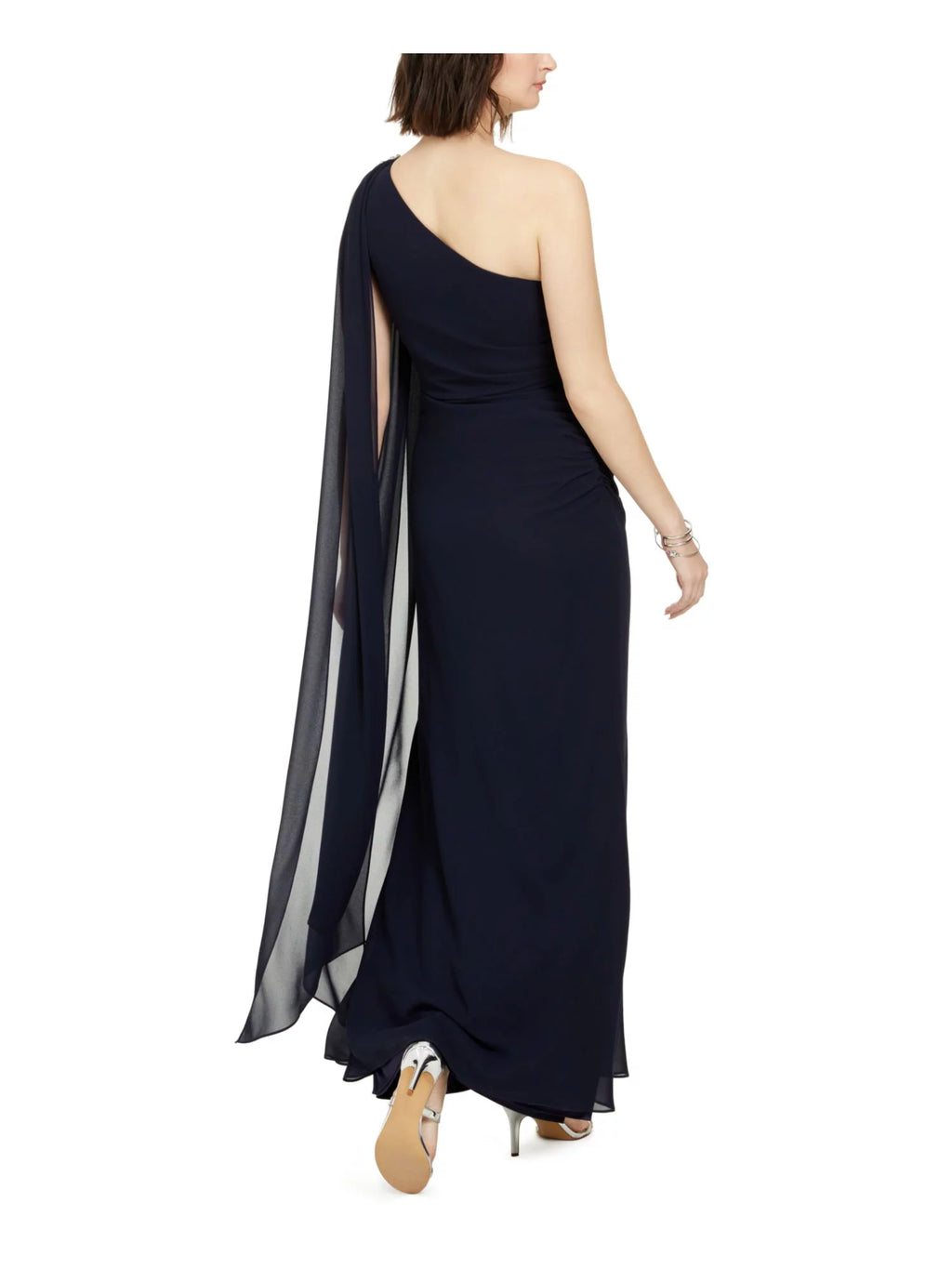 Navy Stretch Embellished One-shoulder Chiffon Maxi Dress D74050