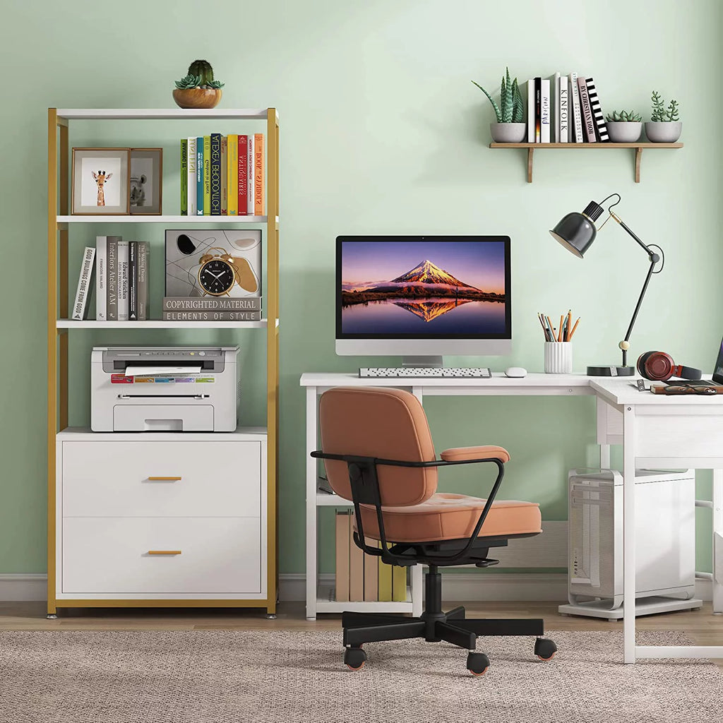 4 Tier Bookshelf with 2 Drawers White and Gold J4012