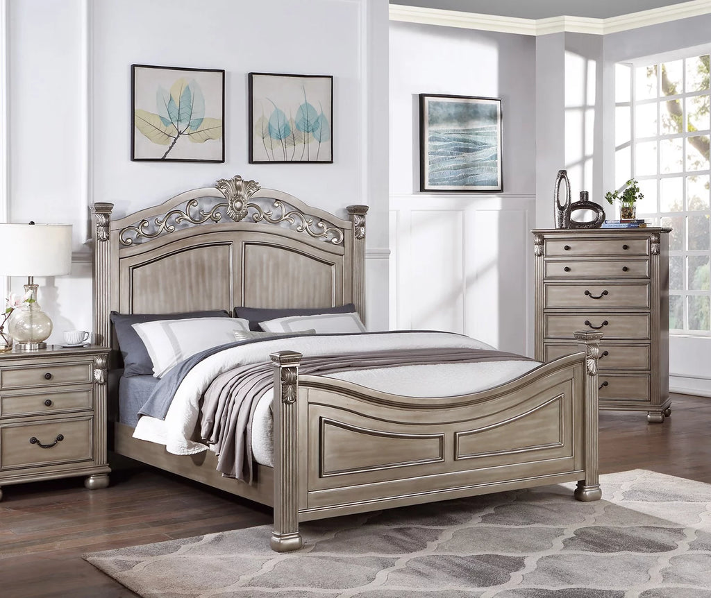 Eastern King Bed 2x Nightstands Grey Wood 3pc Set B81602