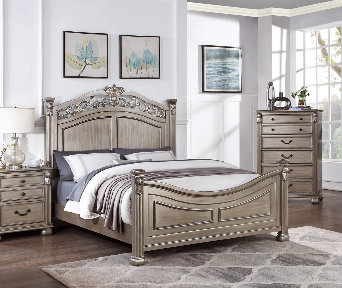 Eastern King Bed 2x Nightstands Grey Wood 3pc Set B81602