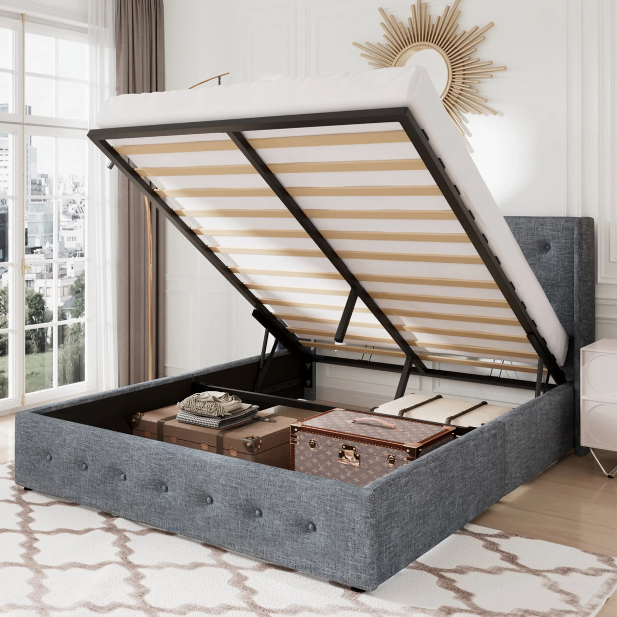 Queen Size Lift Up Platform Storage Bed Frame with Wingback Headboard X350257