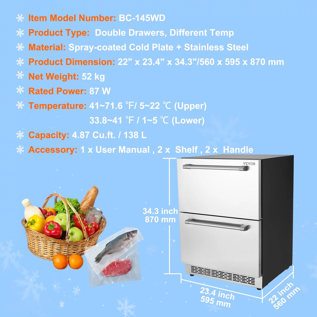 24 2 Drawer Stainless Steel Undercounter Refrigerator I776
