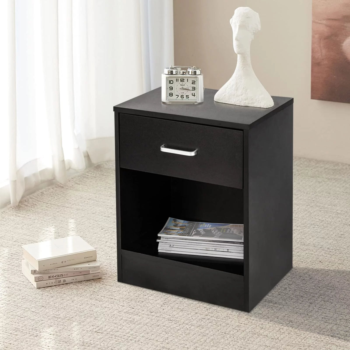 Set of 2 Black Wood Nightstand with Drawer S310878
