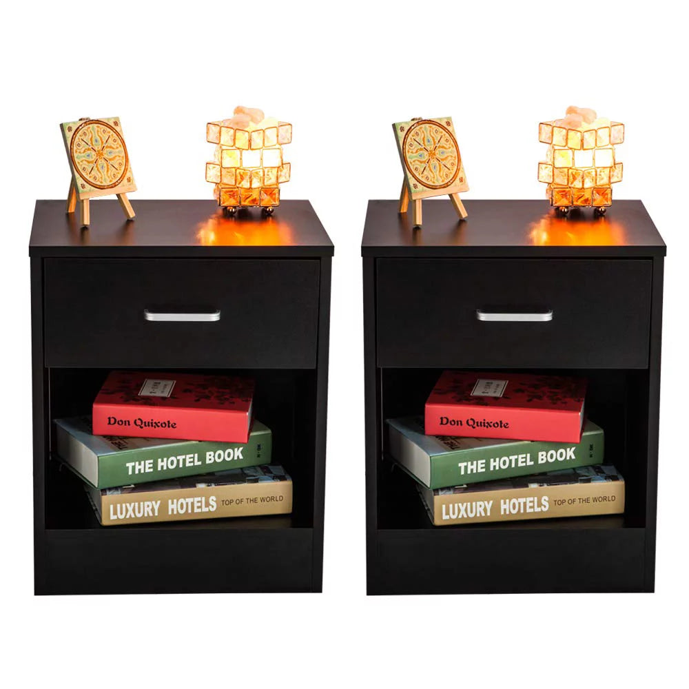 Set of 2 Black Wood Nightstand with Drawer S310878