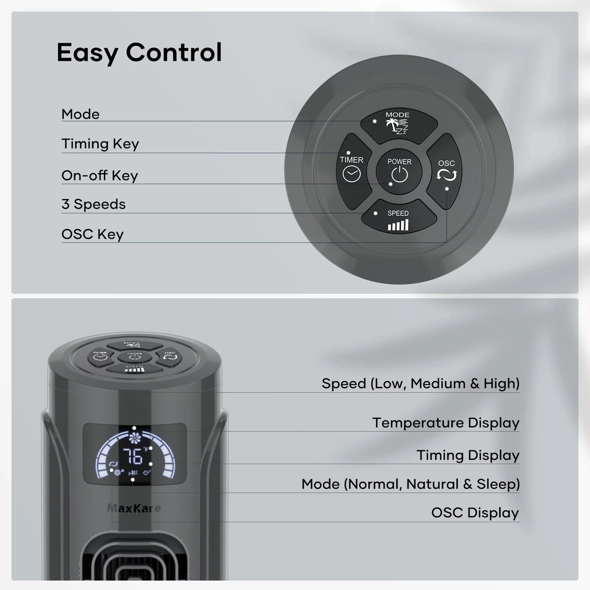 36 Tower Fan with Remote, 3 Speeds 3 Modes 15H Timer, 90° Oscillating, Grey H2328