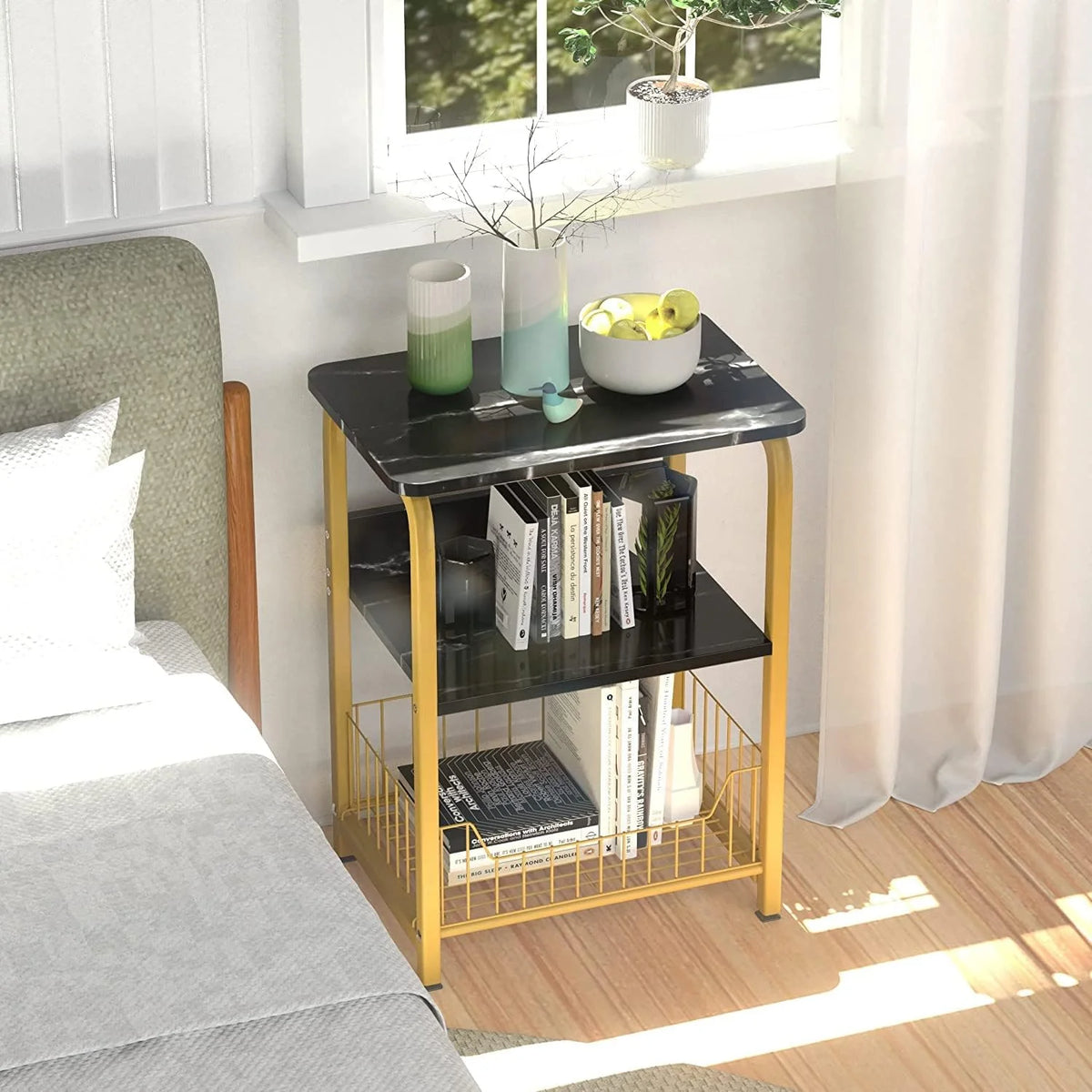 Black Marble 3 Tiers Nightstand with Wood and Metal Frame H40626