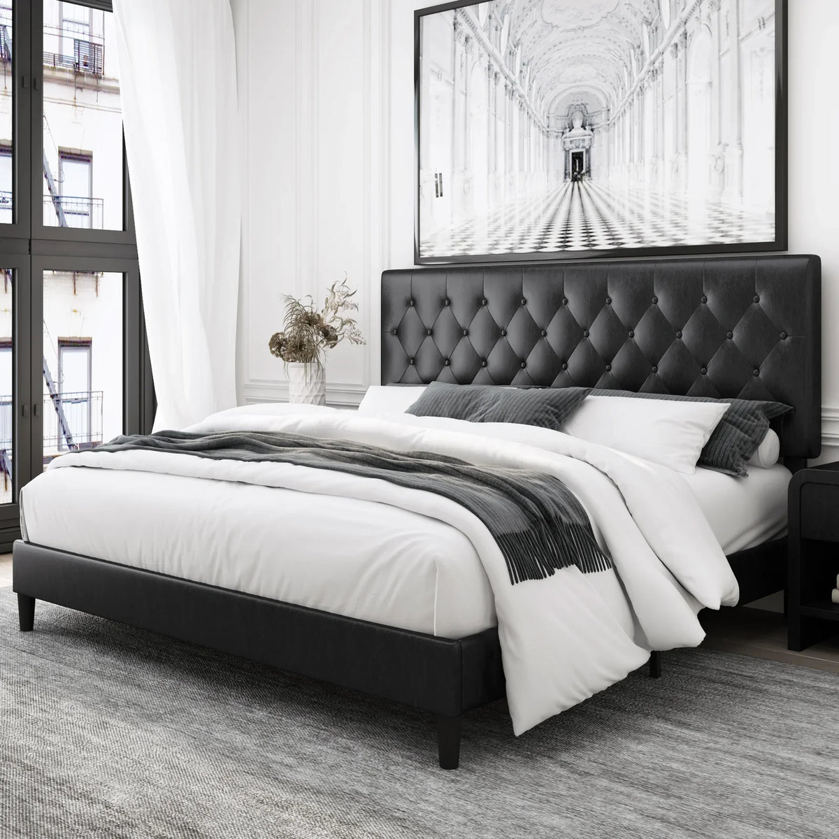 Black Faux Leather Upholstered Button Tufted Full Size Platform Bed Frame with Adjustable Headboard T17948