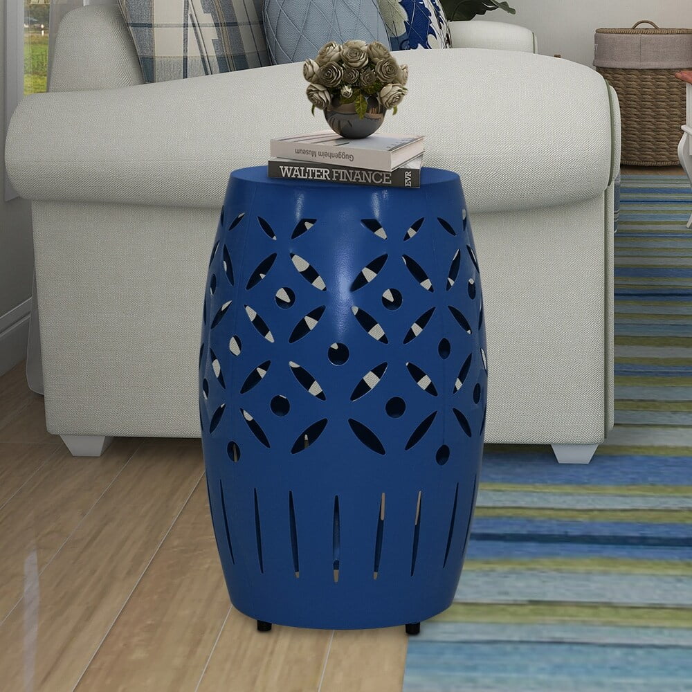 18 Inch Geometric Cut Iron Drum End Table D3358